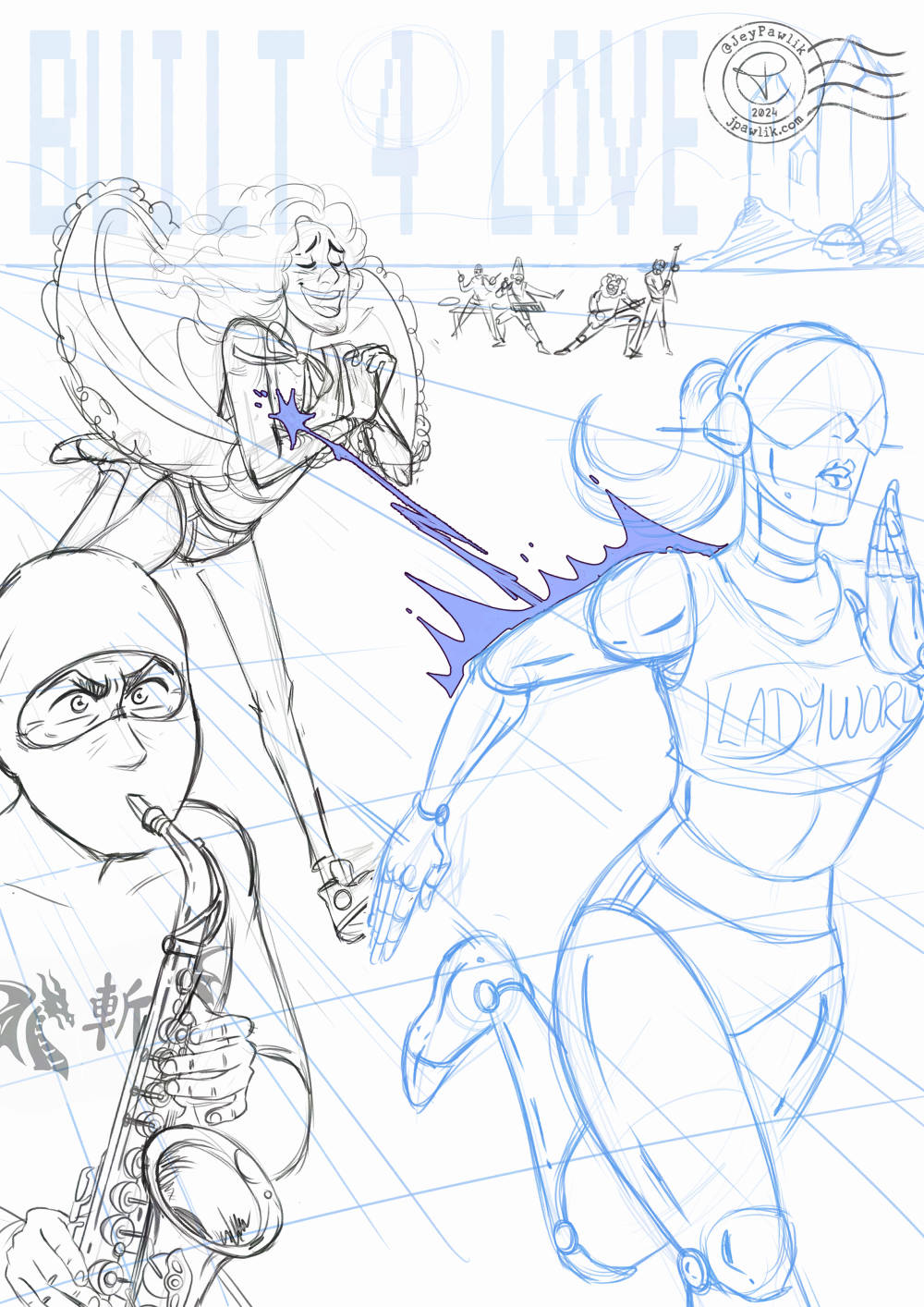 Sketch of my Built 4 Love piece done in blue and grey pencils.