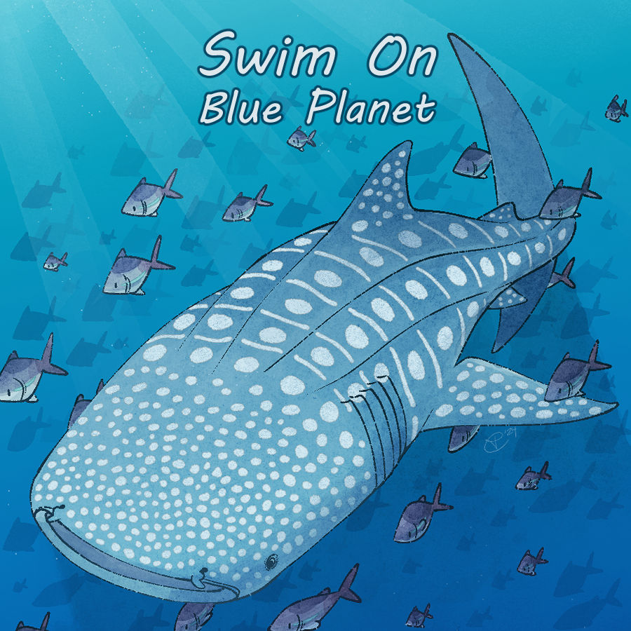 Cover image of Swim On, Blue Planet. A whale shark swims through the ocean being followed by a school of fish. The text "A shark zine for charity edited by Jey Pawlik" at the bottom.
