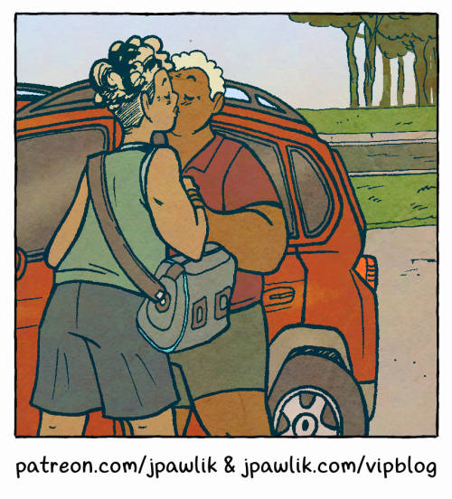 Promo image of a crop from the comic After Practice, showing Jan and Isabelle sharing a kiss in front of their van. Text below reads "patreon.com/jpawlik and jpawlik.com/vipblog"