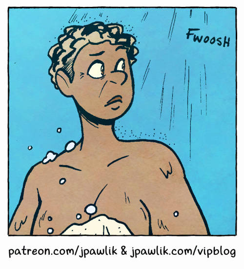 Promo image of a crop from the comic After Practice, showing Jan from the chest up in the shower, she's looking to the right curiously. Text below reads "patreon.com/jpawlik and jpawlik.com/vipblog"