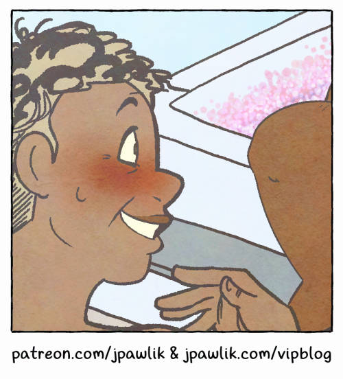 Promo image of a crop from the comic After Practice, showing Jan from the side looking happily over to the right of the frame. Text below reads "patreon.com/jpawlik and jpawlik.com/vipblog"