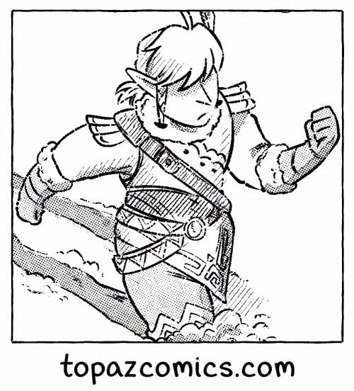 Promo image showing Link from Zelda trudging through the snow. Text under it reads "topazcomics.com"