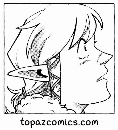 Promo image showing Link from Zelda from the side facing right and looking up. Text under it reads "topazcomics.com"