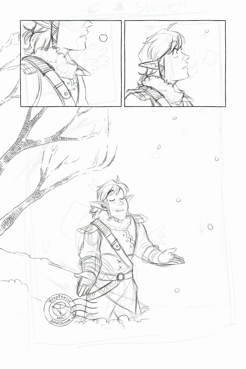 Sketch of the comic page above, done in grey pencil