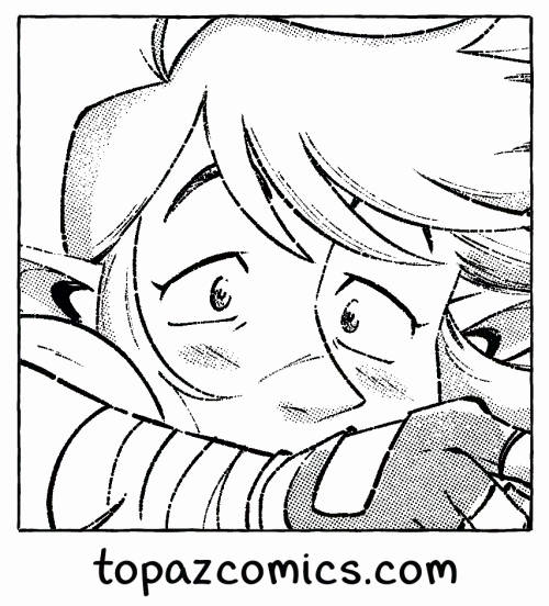 Promo image showing Link from Zelda climbing up a ledge and looking off to the distance with wide eyes. Text under it reads "topazcomics.com"