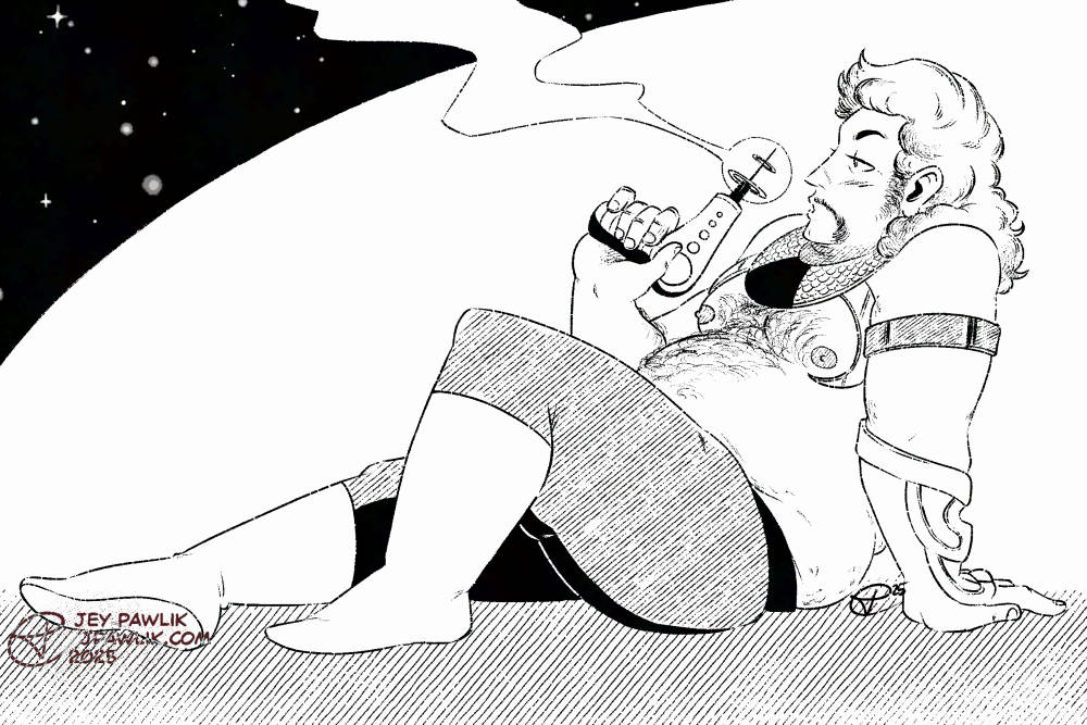 Black and white illustration commission for Waitingforthetrade of his original character, an older fat man in a sexy lounging pose as he blows smoke off of a laser gun.