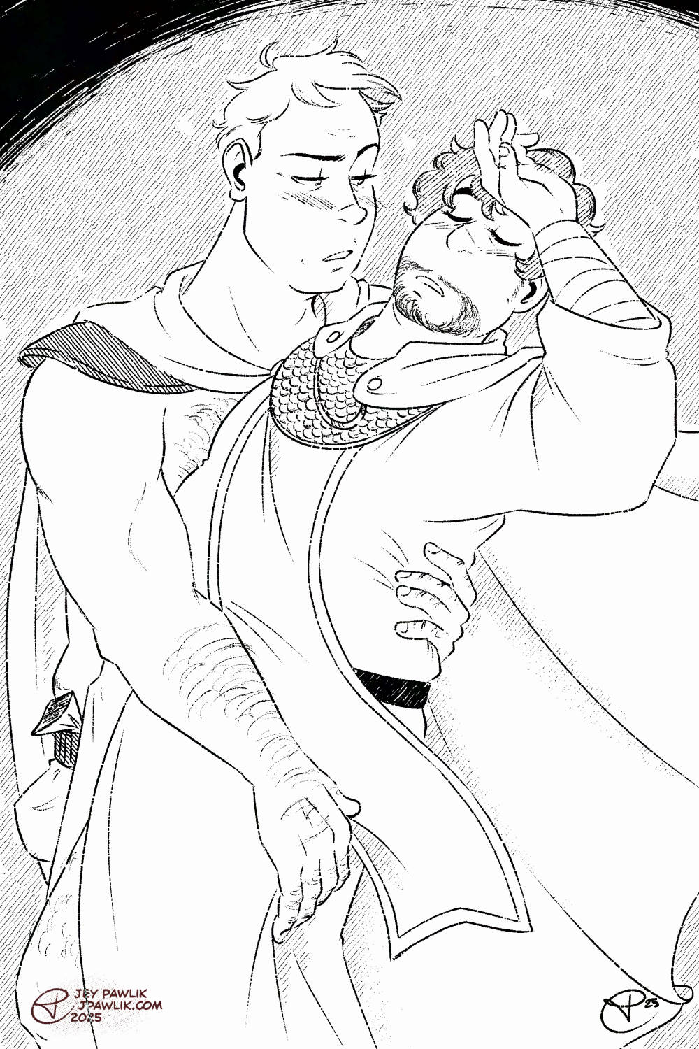 Black and white illustration commission for Waitingforthetrade of his two original characters, a shirtless muscular man romantically holds a fat man who swoons. The illustration looks like a romantic book cover.