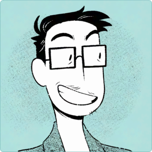 Illustration of Jey on a mint green background in a simple style. Jey is white and has a round face, they have short black hair with some greys, big square glasses and little bits of facial hair. They are smiling and looking to the right.